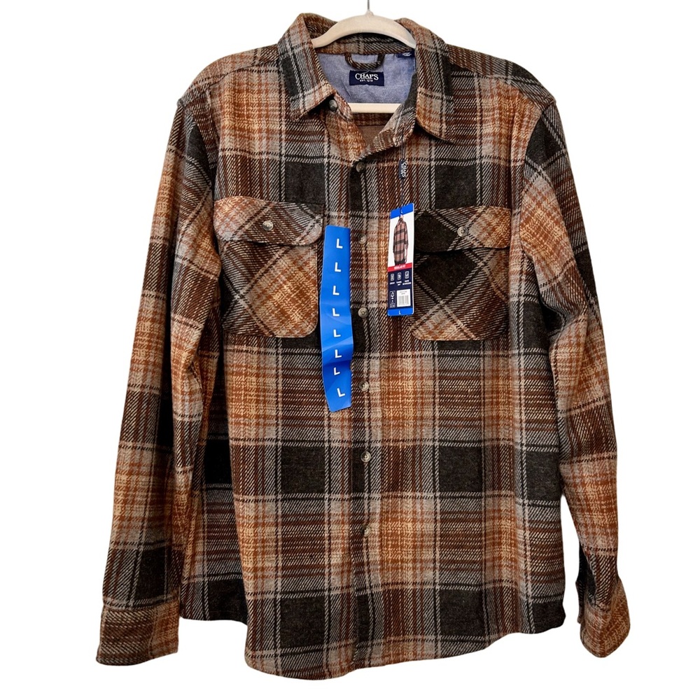 Chaps Men's Knit Brown Plaid Flannel Shirt‎ Long Sleeve Super Soft Size Large